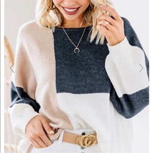 By the River Over The Top Navy Blue Tan Colorblock Drop Shoulder Sweater sz M/L